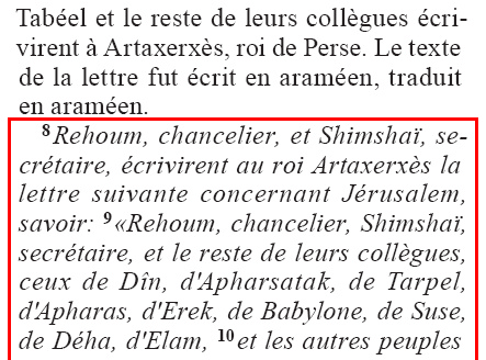 Ezra 4.8 to 6.18 (French - NBS - Nouvelle Bible Segond)